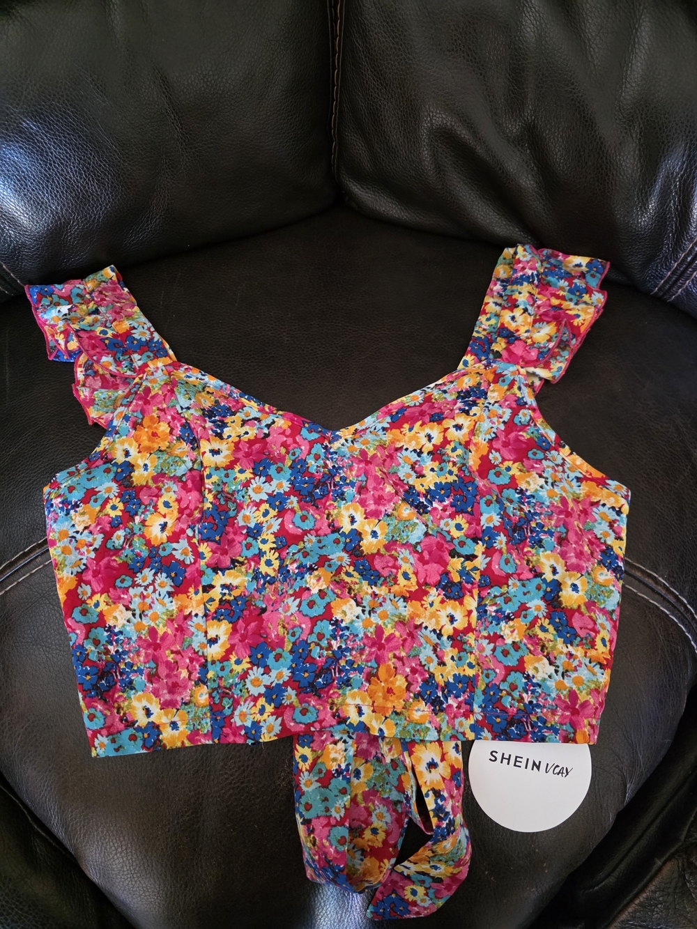 SHEIN Bright Floral Ruffle-Strap Crop Top